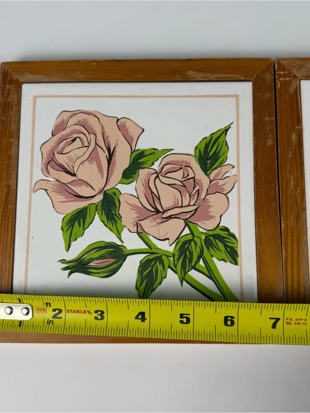Vintage Square Wood Plaque Pink Rose White Ceramic Tile W/Hanging Hook 7”x7”